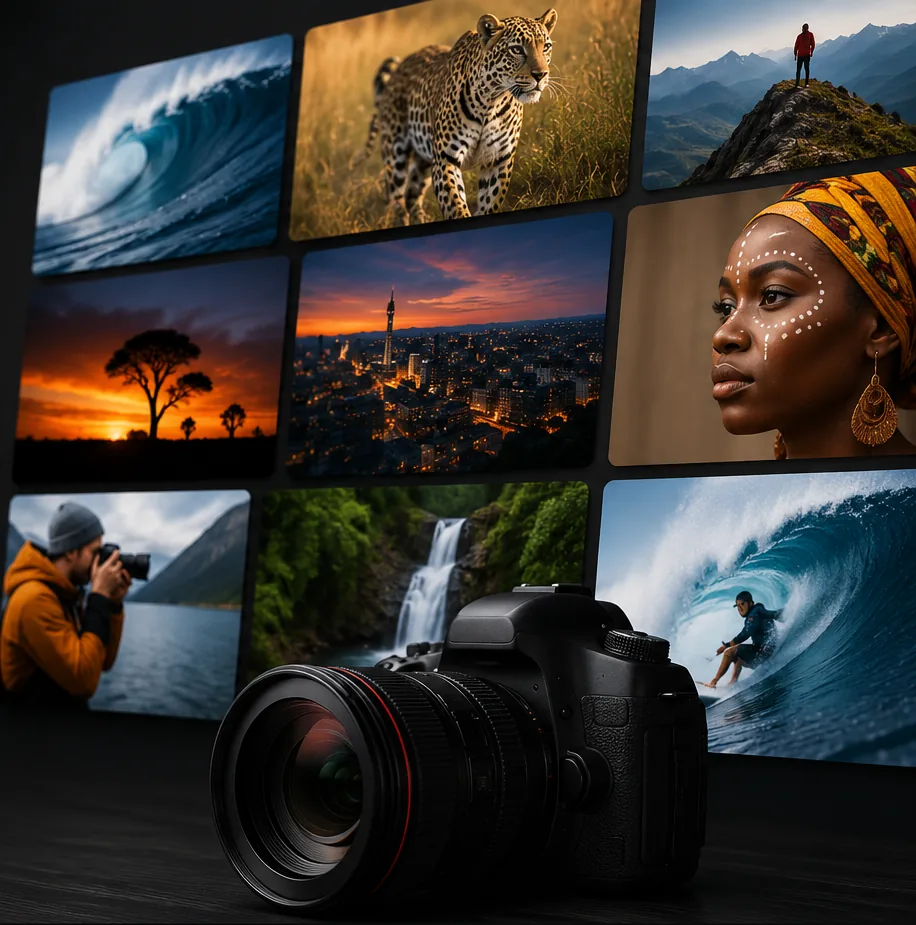 A grid of striking photographs, including a wave, a leopard, mountains and a portrait, above a professional camera